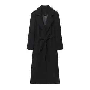 Women 2025 Fashion With Belt Black Long Style Loose Wool Blended Overcoat Retro Long Sleeve Pocket Women's Coat chic Top