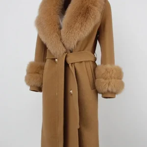 Real Fur Coat Long 2024 Winter Jacket Women Natural Wool Blends Cashmere Double Breasted Belt Warm Streetwear New Fashion