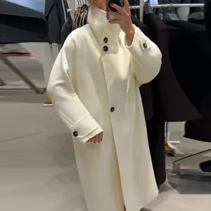 Casual Woolen Long Coat Women Soild Full Stand Collar Sleeve Button Outwear Female 2025 Winter Spring Chic Streetwear Lady New