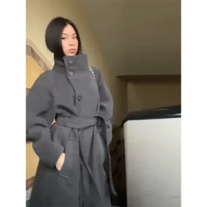 Women's Elegant Long Woolen Coat Chic Casual Stand Collar Lace-up High Quality Overcoat 2025 Winter Daily Commuting Outerwear