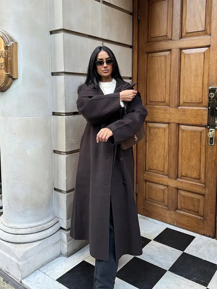 Casual Woolen Long Coat Women With Belt Stand Collar Single Breasted Full Sleeve Jacket 2026 Early Spring Solid Lady Outwears - Image 3