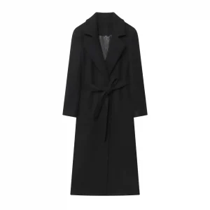 Tidalyf 2025 Women Wool Blend Long Coat Turn Down Collar Belted Waist Long Sleeve Calf Length Jacket with Pockets Autumn