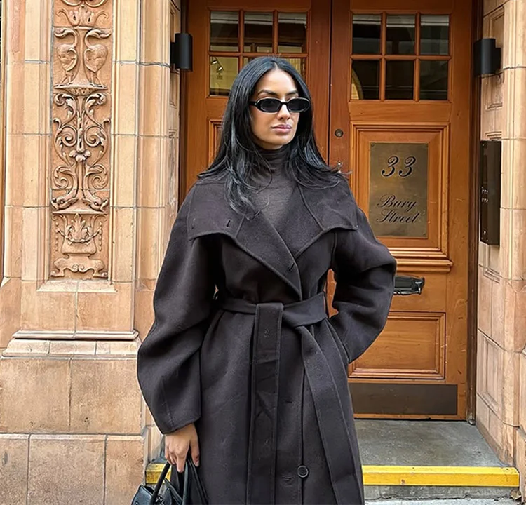 Casual Woolen Long Coat Women With Belt Stand Collar Single Breasted Full Sleeve Jacket 2026 Early Spring Solid Lady Outwears - Image 2