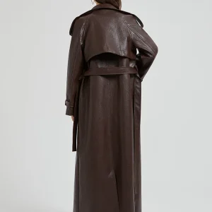 Lautaro Spring Autumn Extra Long Brown Pu Leather Trench Coat for Women Sashes Luxury Chic Overcoat Runway European Fashion 2024