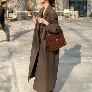 Lautaro Autumn Long Coffee Flowy Blazer Coat Women with Back High Slit Double Breasted Loose Casual Korean Fashion Overcoat 2024