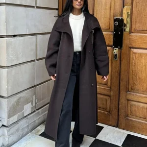 Casual Woolen Long Coat Women With Belt Stand Collar Single Breasted Full Sleeve Jacket 2026 Early Spring Solid Lady Outwears