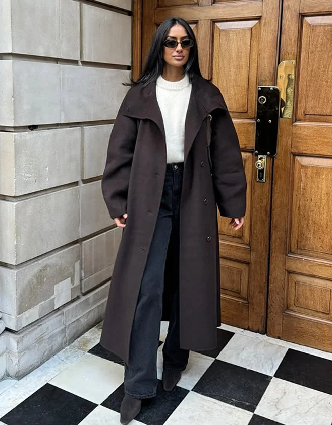 Casual Woolen Long Coat Women With Belt Stand Collar Single Breasted Full Sleeve Jacket 2026 Early Spring Solid Lady Outwears