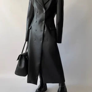 Mauroicardi Autumn Long Black Fitted Soft Pu Leather Trench Coat for Women Shoulder Pads Double Breasted Luxury European Clothes