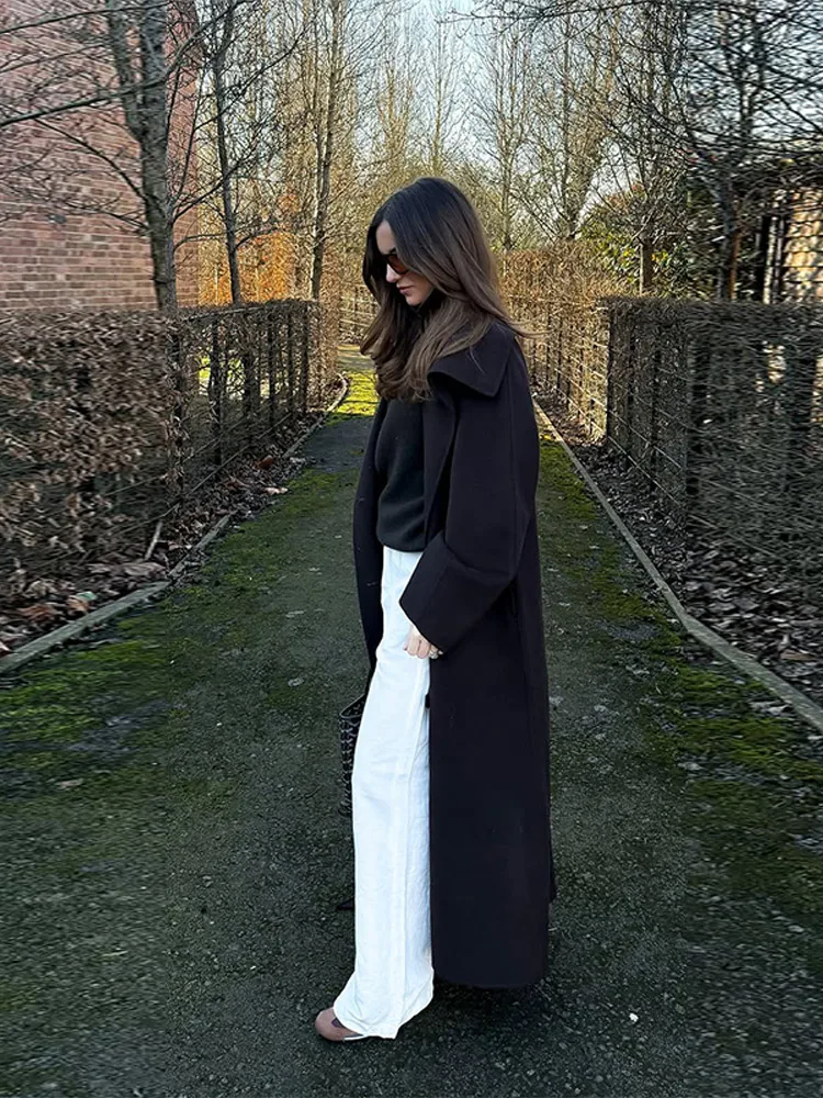 Casual Woolen Long Coat Women With Belt Stand Collar Single Breasted Full Sleeve Jacket 2026 Early Spring Solid Lady Outwears - Image 6