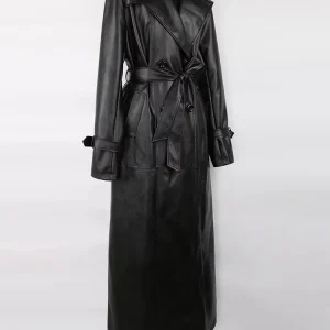 Mauroicardi Spring Autumn Waterproof Black Soft Pu Leather Trench Coat for Women Belt Double Breasted Floor Length Overcoat 2025