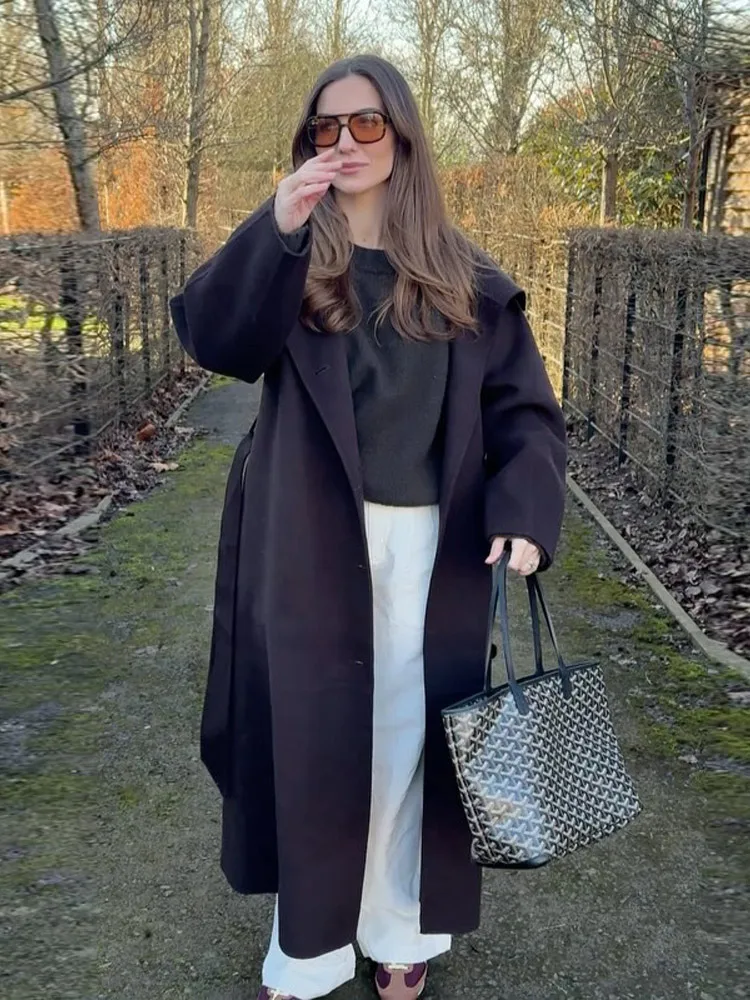 Casual Woolen Long Coat Women With Belt Stand Collar Single Breasted Full Sleeve Jacket 2026 Early Spring Solid Lady Outwears - Image 4