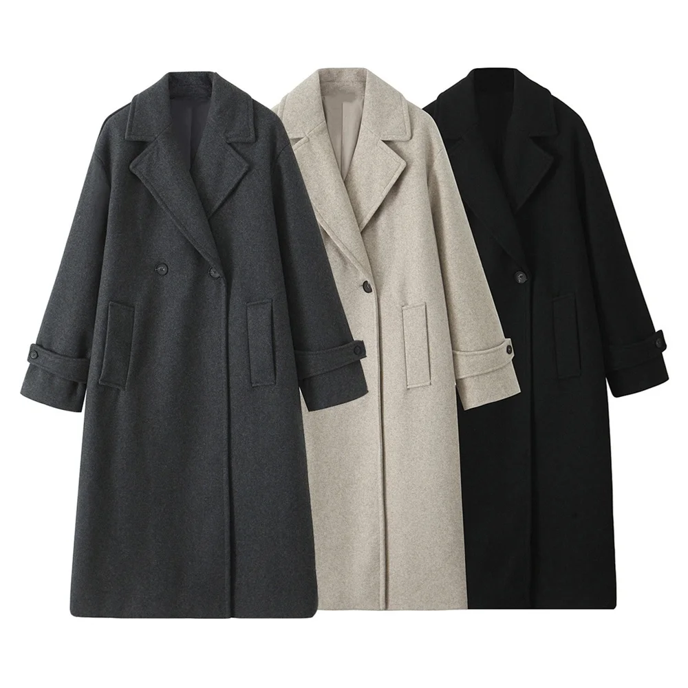 PB&ZA2024 Winter New Women's Fashion Simple Loose Warm Collar Soft Long Double breasted Woolen Coat Coat