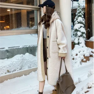 Hooded Wool Coats Women Autumn Winter Thicken Korean Style Casual Lambswool Loose Simple All-match Streetwear Patchwork Elegant
