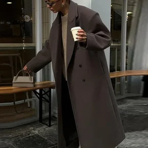 Fashion Solid Long Jacket Women Loose Lapel Double Breasted Straight Coats 2025 Autumn Winter Lady Vintage High Street Outerwear